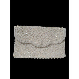 Vintage 1950 Richere Bag Japan Hand Seed Beaded Ivory Evening Clutch